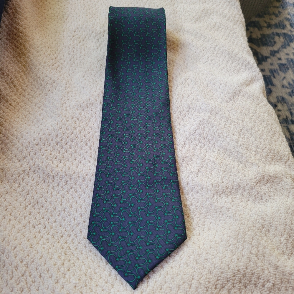 Hermes 100% Silk Tie 7054 TA Dark Blue With Green Spurs